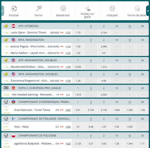 Ejemplo de apuestas en directo en la plataforma