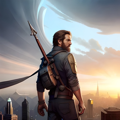 Un héroe de videojuego, armado sobre una ciudad moderna